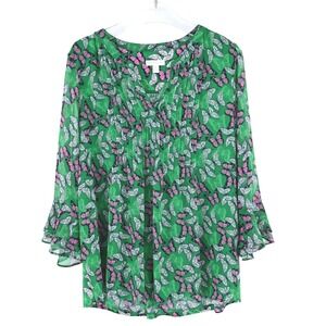 XXL Charter Club Green Butterfly Print V Neck Pleated Long Sleeve Boho Casual